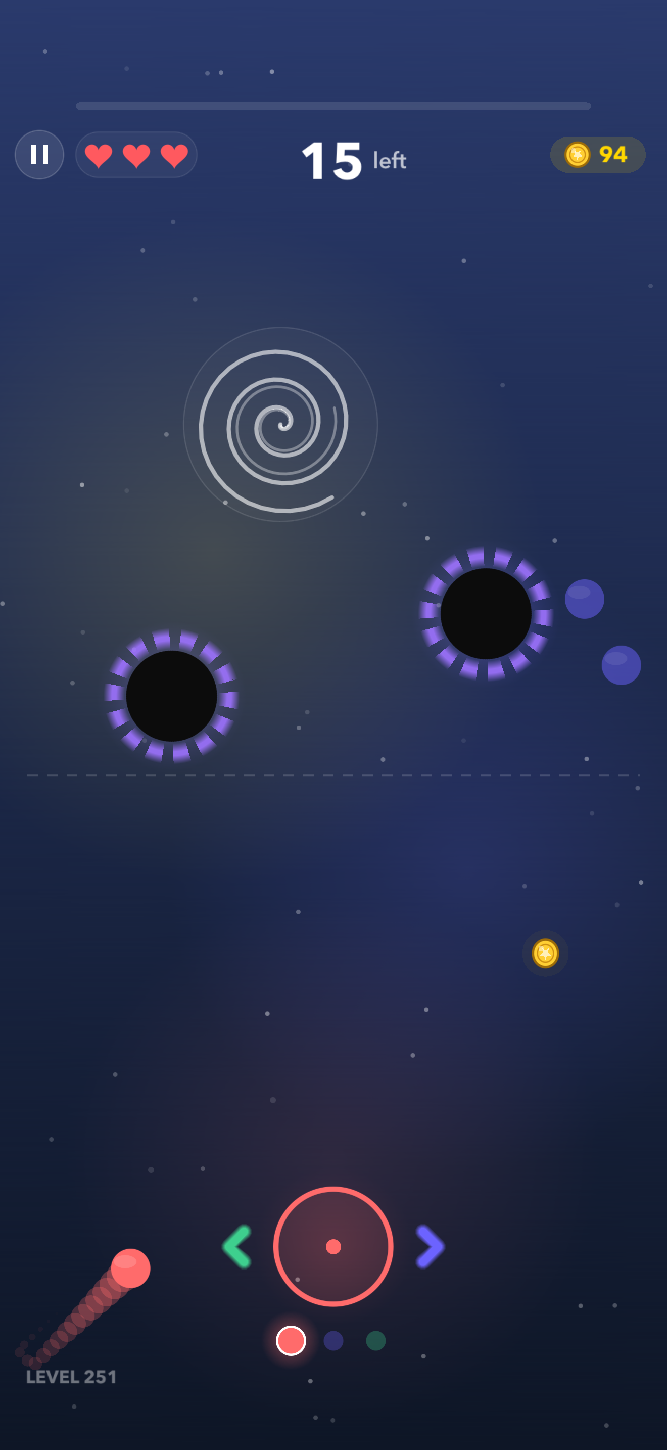 Hue Bounce gameplay with black-hole hazards in World 3