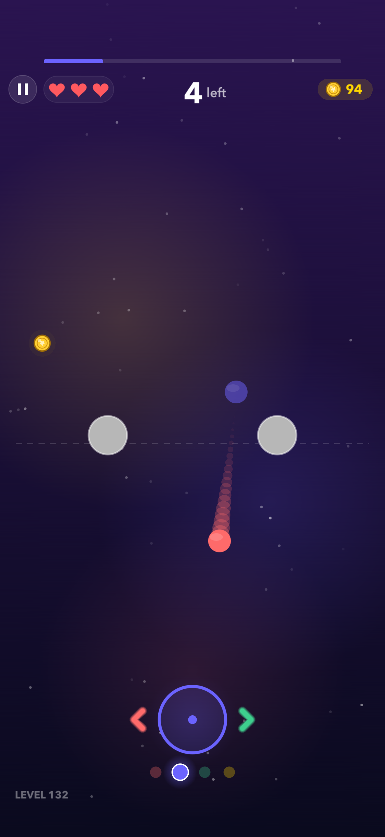 Hue Bounce gameplay in the purple world with a red ball