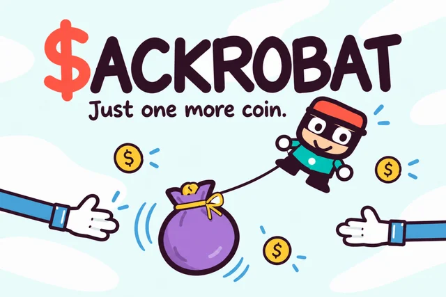 Sackrobat illustration with a thief, swinging purple sack, coins and reaching hands. English lettering: Just one more coin.