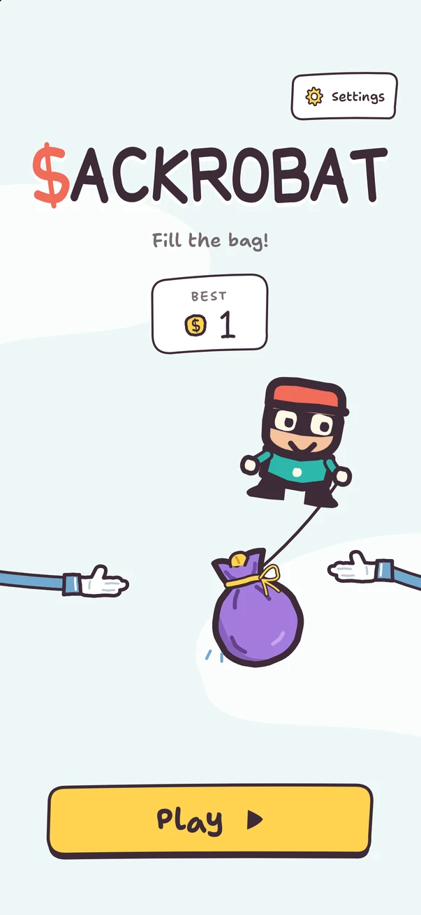 Sackrobat’s English main menu, with the thief, bag, dollar coin, Play and Settings buttons.